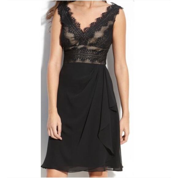 JS Collections Lace Bodice Draped Chiffon Little Black Dress Size 12 - Picture 1 of 12
